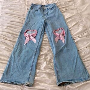 Hot Topic Blue and Pink Flare Jeans with Bow Details